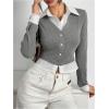 imageMakeMeChic Womens Striped Print Rib Knitted Long Sleeve Collar Neck Button Down Shirt Blouse TopsGrey a
