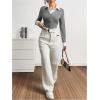 imageMakeMeChic Womens Striped Print Rib Knitted Long Sleeve Collar Neck Button Down Shirt Blouse TopsGrey a