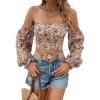 imageMakeMeChic Womens Off Shoulder Lantern Sleeve Crop Top Boho Ditsy Floral Blouse ShirtMulticolor