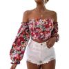 imageMakeMeChic Womens Off Shoulder Lantern Sleeve Crop Top Boho Ditsy Floral Blouse ShirtRed