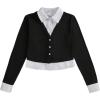 imageMakeMeChic Womens Striped Print Rib Knitted Long Sleeve Collar Neck Button Down Shirt Blouse TopsBlack a