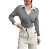 imageMakeMeChic Womens Striped Print Rib Knitted Long Sleeve Collar Neck Button Down Shirt Blouse TopsGrey a