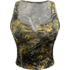 imageMakeMeChic Womens Camo Notched Wide Strap Tank Top Sleeveless Streetwear Crop TopsGreen