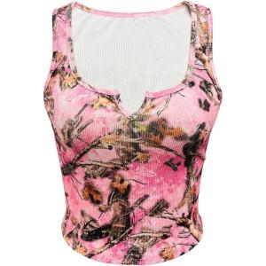 imageMakeMeChic Womens Camo Notched Wide Strap Tank Top Sleeveless Streetwear Crop TopsPink