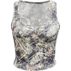 imageMakeMeChic Womens Camo Notched Wide Strap Tank Top Sleeveless Streetwear Crop TopsWhite