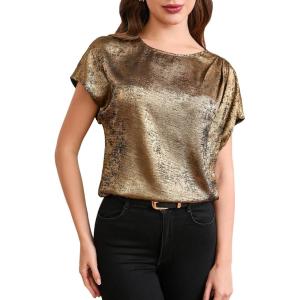 imageMakeMeChic Womens Elegant Metallic Tops Short Sleeve Round Neck BlousesGold a