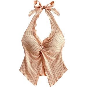 imageMakeMeChic Womens Halter Tops Slit Twist Front Backless Cute Summer Tank TopApricot
