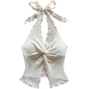 imageMakeMeChic Womens Halter Tops Slit Twist Front Backless Cute Summer Tank TopBeige