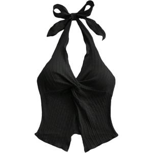 imageMakeMeChic Womens Halter Tops Slit Twist Front Backless Cute Summer Tank TopBlack