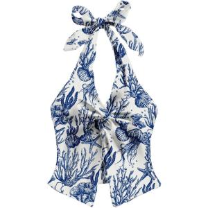 imageMakeMeChic Womens Halter Tops Slit Twist Front Backless Cute Summer Tank TopBlue White