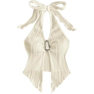 imageMakeMeChic Womens Halter Tops Slit Twist Front Backless Cute Summer Tank TopBuckle Apricot