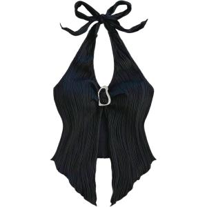 imageMakeMeChic Womens Halter Tops Slit Twist Front Backless Cute Summer Tank TopBuckle Black