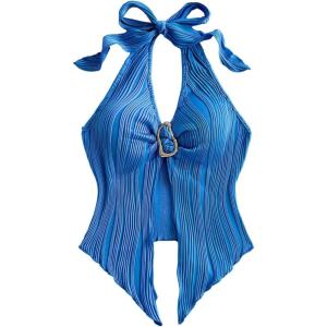 imageMakeMeChic Womens Halter Tops Slit Twist Front Backless Cute Summer Tank TopBuckle Blue