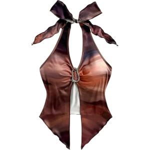 imageMakeMeChic Womens Halter Tops Slit Twist Front Backless Cute Summer Tank TopBuckle Brown
