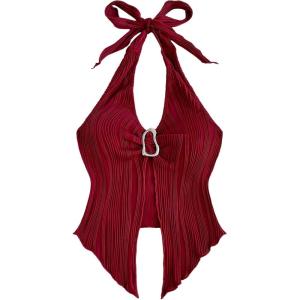 imageMakeMeChic Womens Halter Tops Slit Twist Front Backless Cute Summer Tank TopBuckle Burgundy