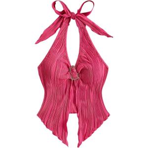 imageMakeMeChic Womens Halter Tops Slit Twist Front Backless Cute Summer Tank TopBuckle Hot Pink