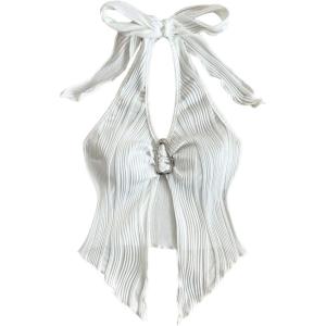 imageMakeMeChic Womens Halter Tops Slit Twist Front Backless Cute Summer Tank TopBuckle White