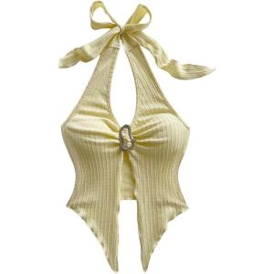 imageMakeMeChic Womens Halter Tops Slit Twist Front Backless Cute Summer Tank TopBuckle Yellow