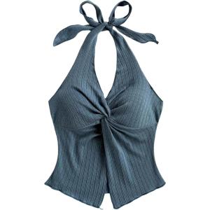 imageMakeMeChic Womens Halter Tops Slit Twist Front Backless Cute Summer Tank TopDusty Blue