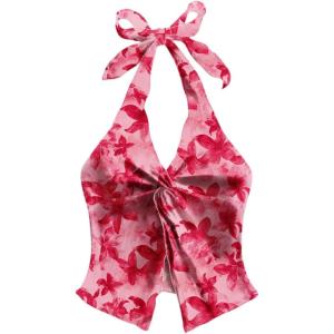 imageMakeMeChic Womens Halter Tops Slit Twist Front Backless Cute Summer Tank TopFlower Red