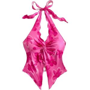 imageMakeMeChic Womens Halter Tops Slit Twist Front Backless Cute Summer Tank TopHot Pink Flower