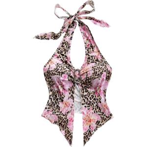 imageMakeMeChic Womens Halter Tops Slit Twist Front Backless Cute Summer Tank TopLeopard