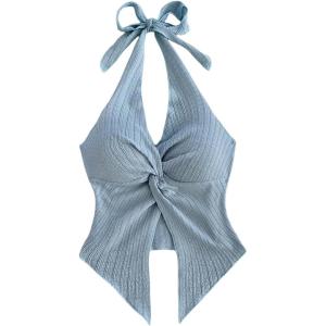 imageMakeMeChic Womens Halter Tops Slit Twist Front Backless Cute Summer Tank TopLight Blue