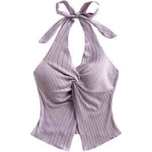 imageMakeMeChic Womens Halter Tops Slit Twist Front Backless Cute Summer Tank TopMauve Purple