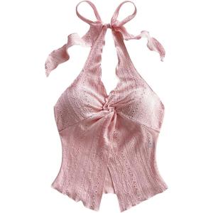 imageMakeMeChic Womens Halter Tops Slit Twist Front Backless Cute Summer Tank TopPink