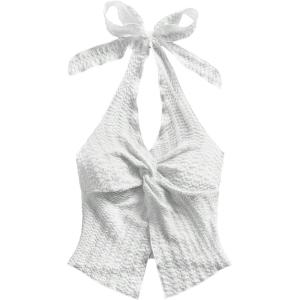 imageMakeMeChic Womens Halter Tops Slit Twist Front Backless Cute Summer Tank TopSolid White