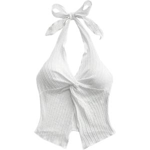 imageMakeMeChic Womens Halter Tops Slit Twist Front Backless Cute Summer Tank TopWhite