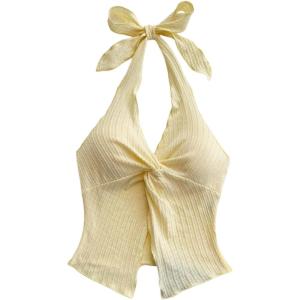 imageMakeMeChic Womens Halter Tops Slit Twist Front Backless Cute Summer Tank TopYellow