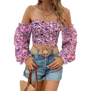 imageMakeMeChic Womens Off Shoulder Lantern Sleeve Crop Top Boho Ditsy Floral Blouse ShirtPink