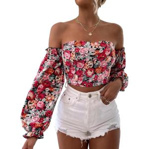 imageMakeMeChic Womens Off Shoulder Lantern Sleeve Crop Top Boho Ditsy Floral Blouse ShirtRed