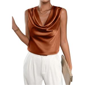 imageMakeMeChic Womens Satin Silk Tank Tops Cowl Neck Sleeveless Camisole Tops Dressy ShirtsBrown
