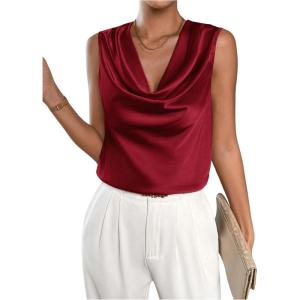 imageMakeMeChic Womens Satin Silk Tank Tops Cowl Neck Sleeveless Camisole Tops Dressy ShirtsBurgundy