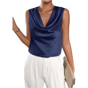 imageMakeMeChic Womens Satin Silk Tank Tops Cowl Neck Sleeveless Camisole Tops Dressy ShirtsCowl Blue