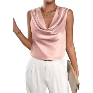 imageMakeMeChic Womens Satin Silk Tank Tops Cowl Neck Sleeveless Camisole Tops Dressy ShirtsLight Pink