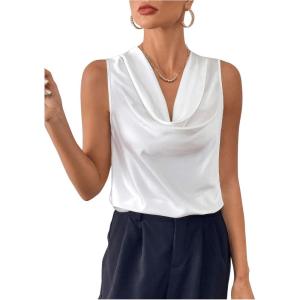 imageMakeMeChic Womens Satin Silk Tank Tops Cowl Neck Sleeveless Camisole Tops Dressy ShirtsWhite