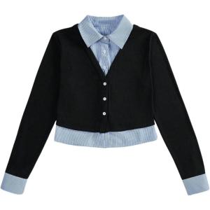 imageMakeMeChic Womens Striped Print Rib Knitted Long Sleeve Collar Neck Button Down Shirt Blouse TopsBlack