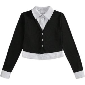 imageMakeMeChic Womens Striped Print Rib Knitted Long Sleeve Collar Neck Button Down Shirt Blouse TopsBlack a