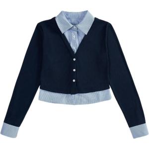 imageMakeMeChic Womens Striped Print Rib Knitted Long Sleeve Collar Neck Button Down Shirt Blouse TopsBlue