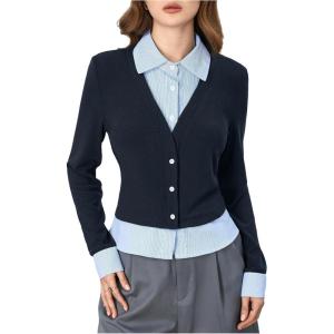 imageMakeMeChic Womens Striped Print Rib Knitted Long Sleeve Collar Neck Button Down Shirt Blouse TopsDark Blue