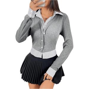 imageMakeMeChic Womens Striped Print Rib Knitted Long Sleeve Collar Neck Button Down Shirt Blouse TopsGrey