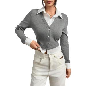 imageMakeMeChic Womens Striped Print Rib Knitted Long Sleeve Collar Neck Button Down Shirt Blouse TopsGrey a