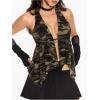 imageMakeMeChic Womens Lepoard Print Halter Tops Y2k Split Asymmetrical Club Crop TopCamo