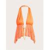 imageMakeMeChic Womens Lepoard Print Halter Tops Y2k Split Asymmetrical Club Crop TopOrange Lace