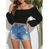 imageMakeMeChic Womens Textured Off Shoulder Blouses Shirred Long Sleeve Frill Trim Crop TopsBlack