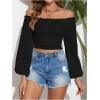 imageMakeMeChic Womens Textured Off Shoulder Blouses Shirred Long Sleeve Frill Trim Crop TopsBlack