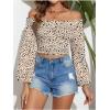 imageMakeMeChic Womens Textured Off Shoulder Blouses Shirred Long Sleeve Frill Trim Crop TopsMulticolor